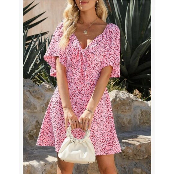 Womens Size S Floral Print Flutter Sleeve Mini Dress Tie Front Cut Out Casual - Picture 3 of 13